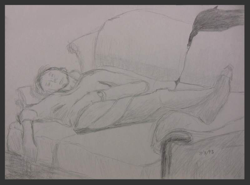 Carol on Sofa With Cat - Pencil Sketch