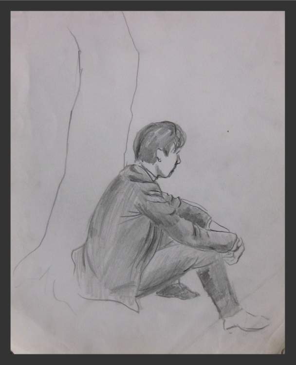 Man Sitting by Tree - Pencil Sketch