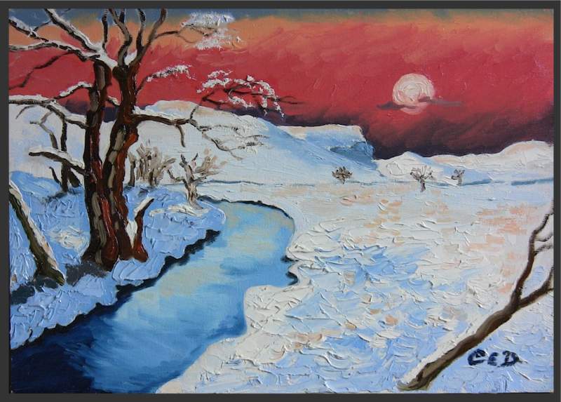 Snowscape with River - Oil Painting