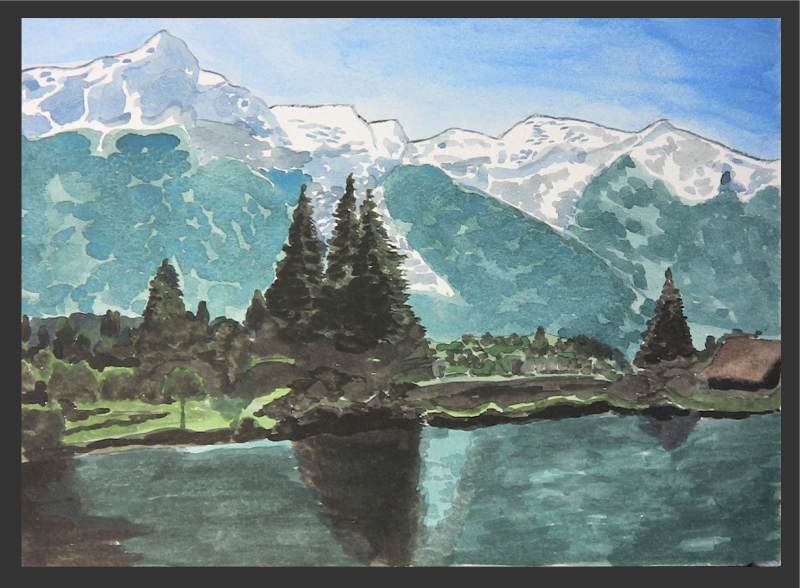 Lake with Snowy Mountains - Watercolour Painting